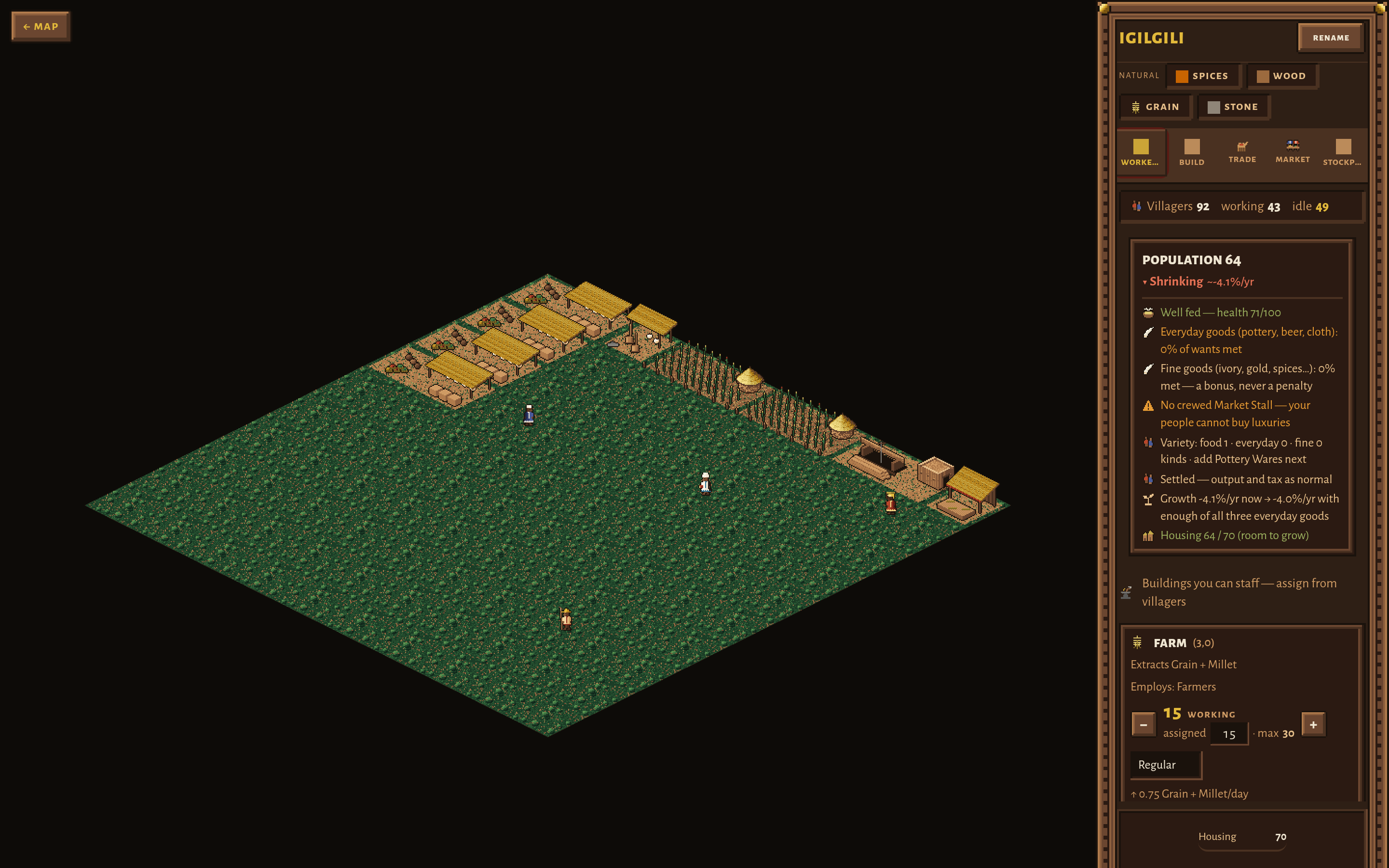 A city view after the overhaul: drawn buildings on ground that matches the hex it was built on, small townsfolk walking between them, and the workers panel beside it in a carved wooden frame.