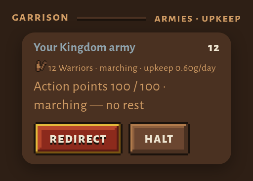 The same army line as before, now reading 12 Warriors · marching · upkeep 0.60g/day, with its action points below, and a Redirect button and a Halt button where March and Disband used to be.