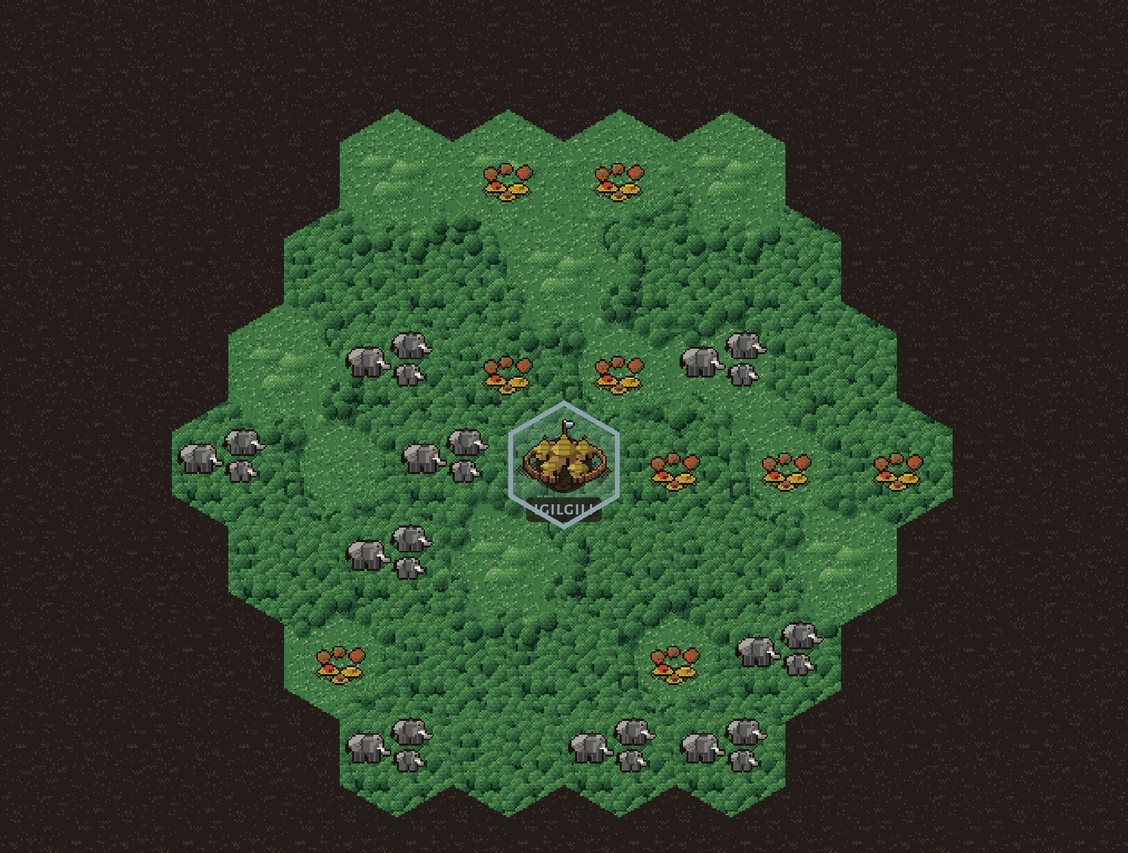 The overworld on day one: a bright patch of green forest hexes about three hexes deep, with the capital Igilgili marked at its centre, surrounded on every side by the same land rendered under a heavy dark wash, the olive and dark-green climate bands still faintly readable through it.