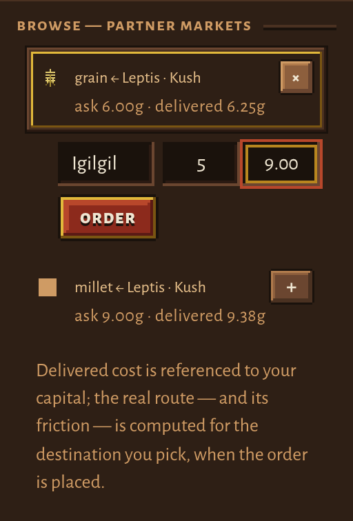 The Economy Browse panel listing grain and millet from a neighbouring city, each row showing an asking price and a slightly higher delivered cost.