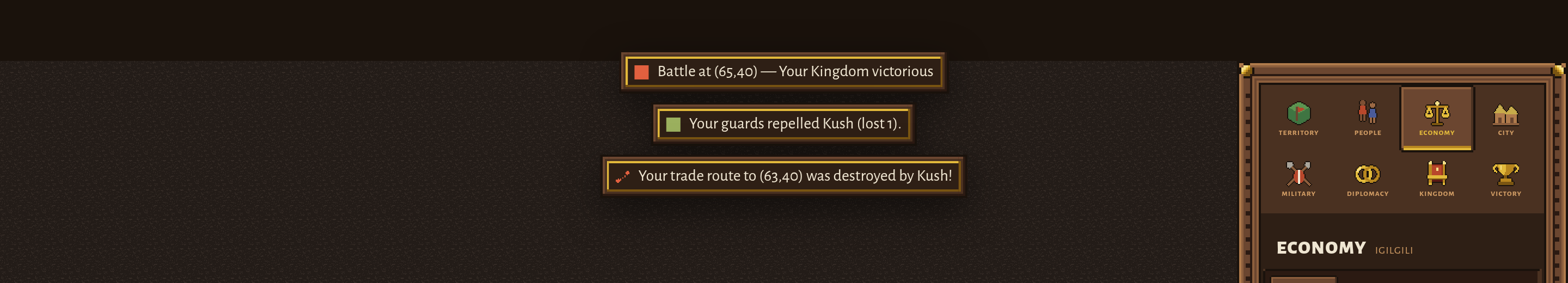The overworld with a red message across the top reading Your trade route to (67,40) was destroyed by Kush! Below it the city Igilgili sits in its lit green patch with no dashed road leaving it, and a red enemy army marker labelled 6 stands two hexes to the east where the road used to run.