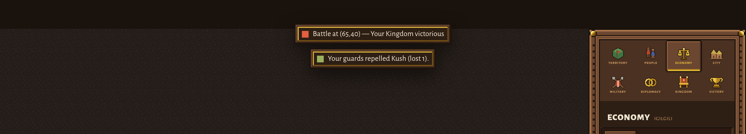 Two messages over the overworld: a red one reading Battle at (65,40) — Your Kingdom victorious, and a green one reading Your guards repelled Kush (lost 1). Behind them the dashed road still runs east out of Igilgili, with a shield marked 7 halfway along it.