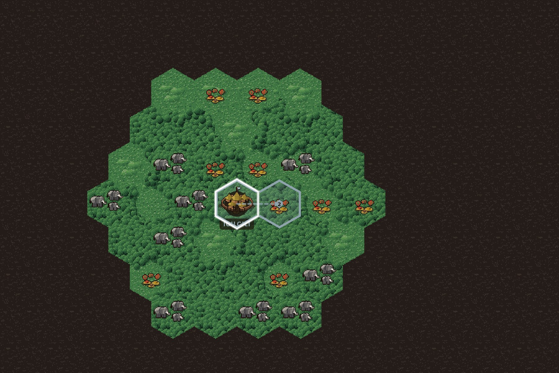 The overworld around the city Igilgili: a dashed route line leaves the city heading east, with a shield marked 2 sitting halfway along it and an arrowhead at the far end.
