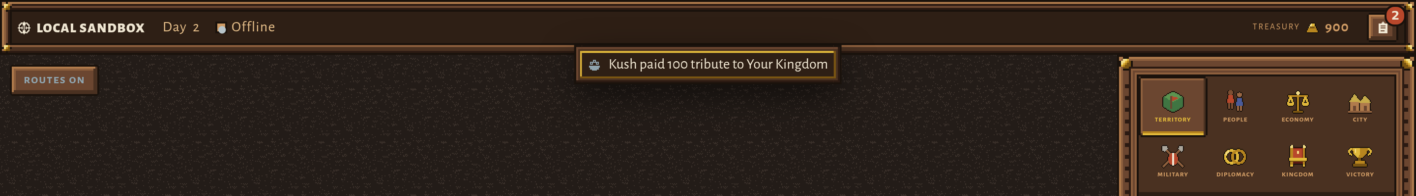 The top strip of the game: a message reading Kush paid 100 tribute to Your Kingdom, with the header on the right showing Treasury 900.