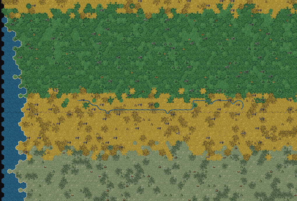 The overworld at overview zoom with a river route